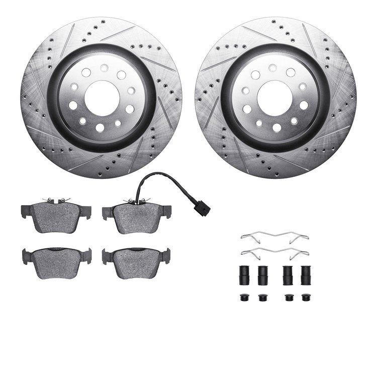 7612-79001 Drilled/Slotted Brake Rotors w/5000 Euro Ceramic Brake Pads Kit & Hardware [Silver], Fits Select Maserati, Position: 
