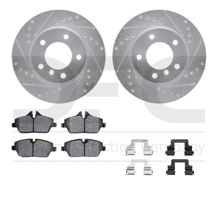 7612-92002 Drilled/Slotted Brake Rotors w/5000 Euro Ceramic Brake Pads Kit & Hardware [Silver], 2006-2007 BMW, Position: Front