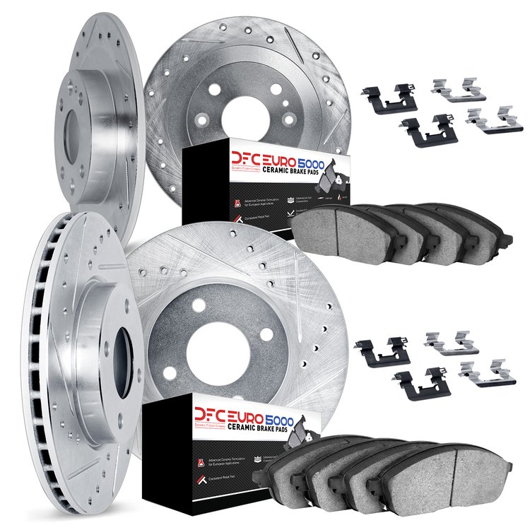 7614-07001 Drilled/Slotted Brake Rotors w/5000 Euro Ceramic Brake Pads Kit & Hardware [Silver], 2013-2019 Mopar, Position: Front