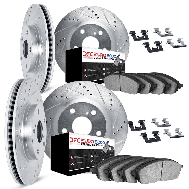7614-16000 Drilled/Slotted Brake Rotors w/5000 Euro Ceramic Brake Pads Kit & Hardware [Silver], 2017-2021 Alfa Romeo, Position: 
