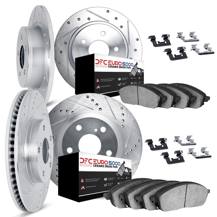 7614-27023 Drilled/Slotted Brake Rotors w/5000 Euro Ceramic Brake Pads Kit & Hardware [Silver], 2018-2020 Volvo, Position: Front