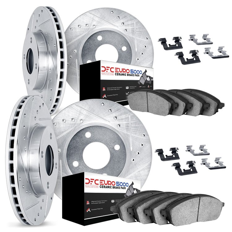 7614-56000 Drilled/Slotted Brake Rotors w/5000 Euro Ceramic Brake Pads Kit & Hardware [Silver], 1995-2000 Ford/Lincoln/Mercury/M