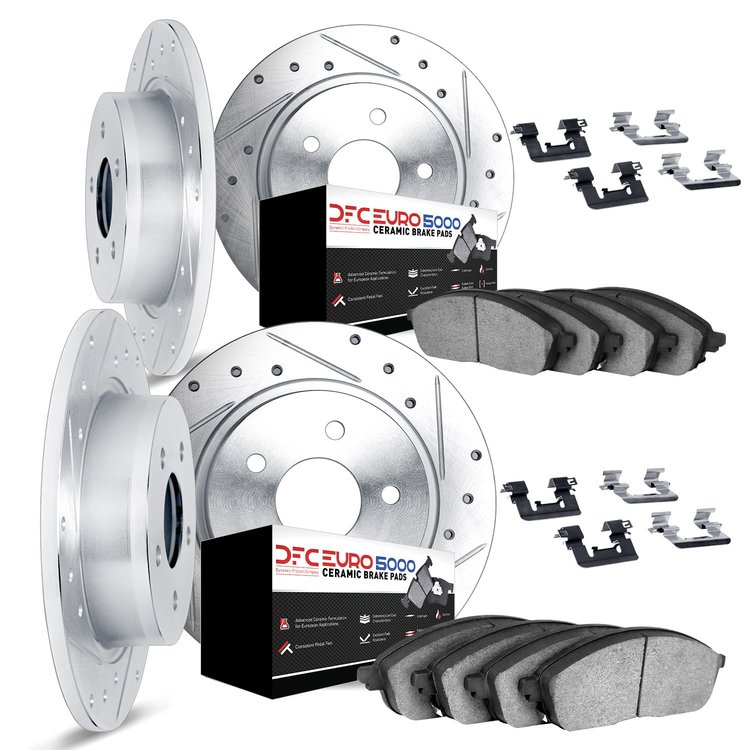 7614-63009 Drilled/Slotted Brake Rotors w/5000 Euro Ceramic Brake Pads Kit & Hardware [Silver], 1967-1969 Mercedes-Benz, Positio