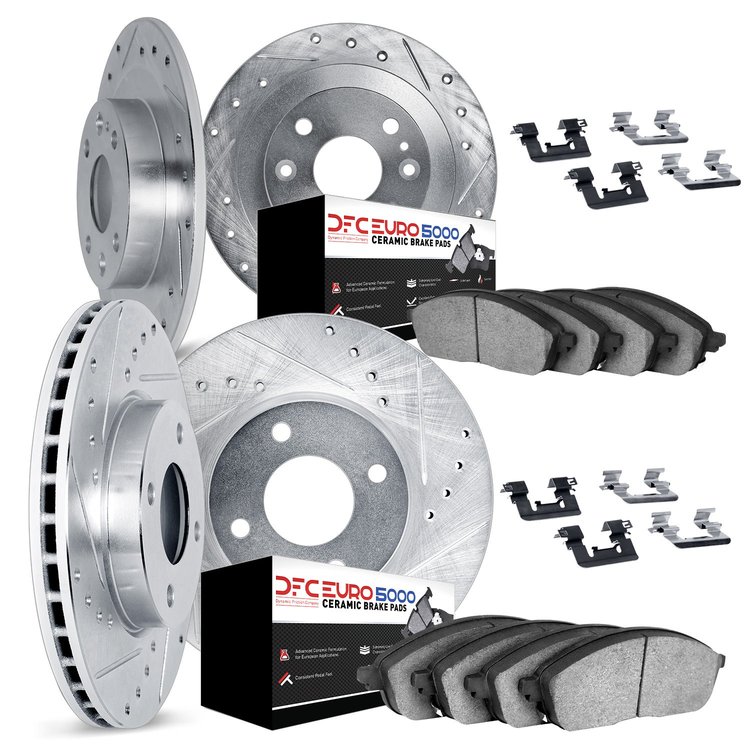 7614-73007 Drilled/Slotted Brake Rotors w/5000 Euro Ceramic Brake Pads Kit & Hardware [Silver], 1990-1991 Audi/Volkswagen, Posit