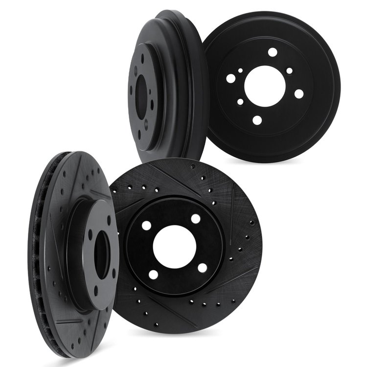 8004-07000 Drilled/Slotted Brake Rotors & Drums Kit [Black], 2015-2018 Mopar, Position: Front and Rear