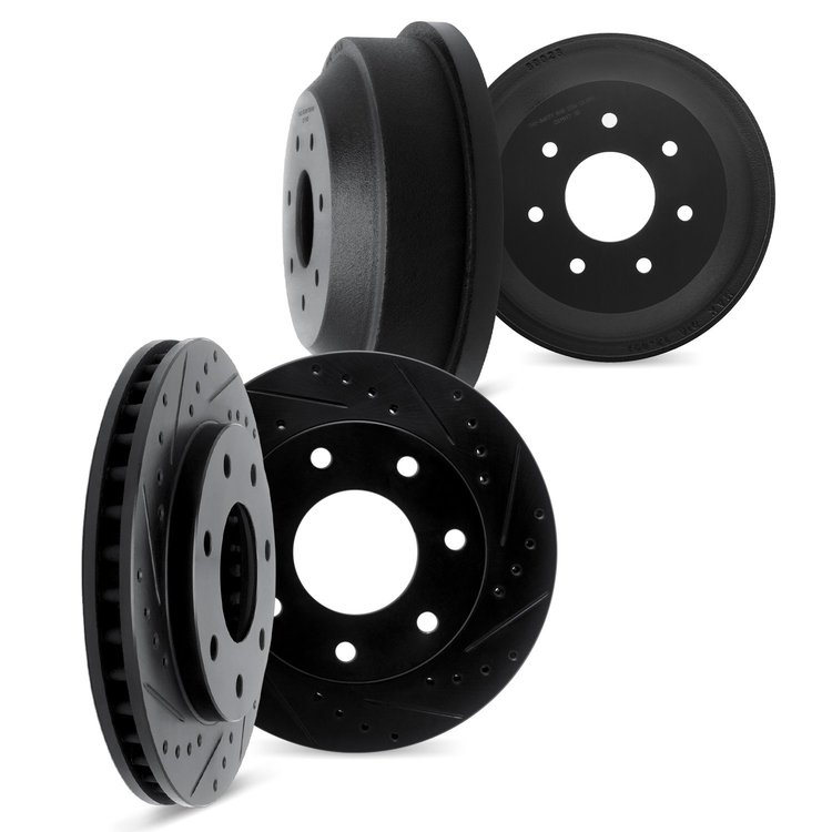 8004-54145 Drilled/Slotted Brake Rotors & Drums Kit [Black], 1997-2004 Ford/Lincoln/Mercury/Mazda, Position: Front and Rear