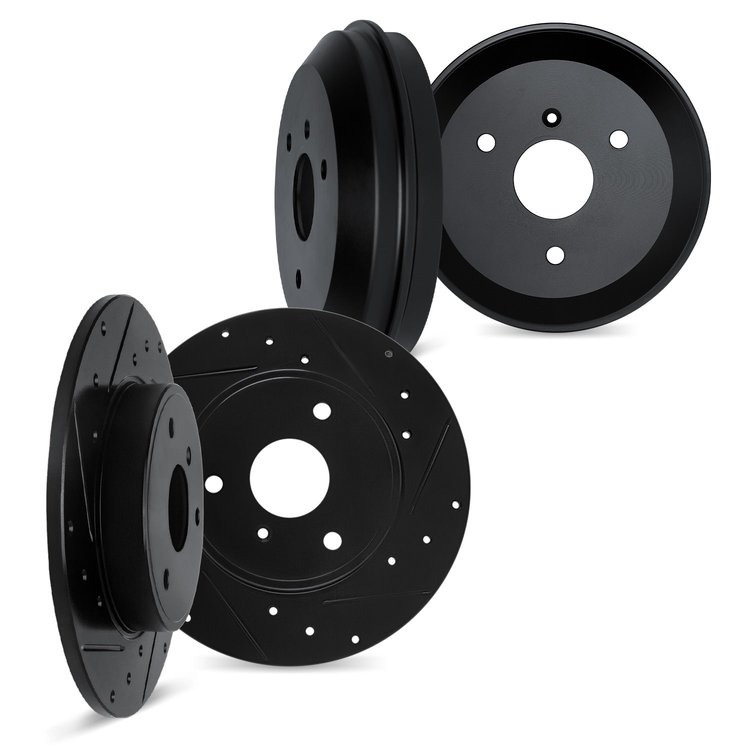 8004-63125 Drilled/Slotted Brake Rotors & Drums Kit [Black], 2005-2016 Smart, Position: Front and Rear