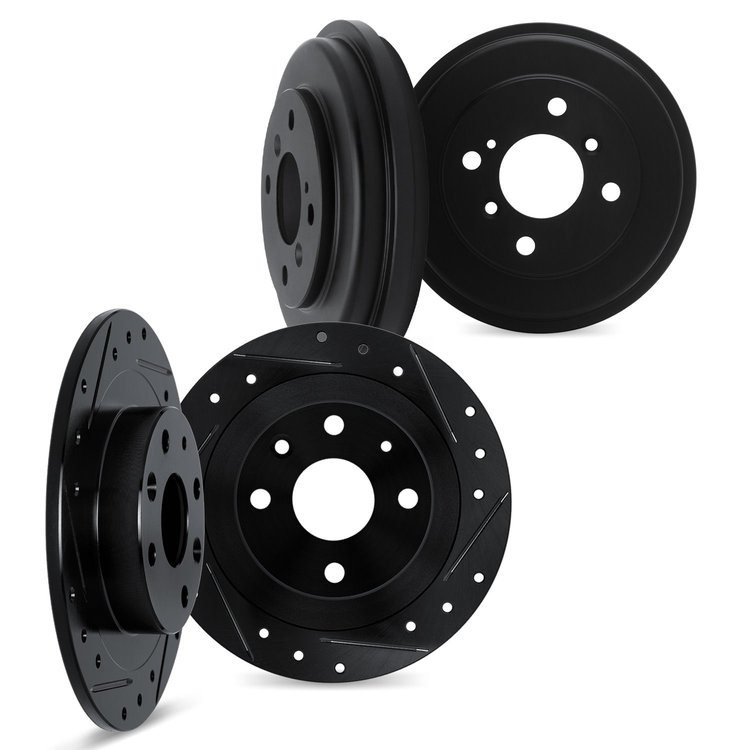 8004-92024 Drilled/Slotted Brake Rotors & Drums Kit [Black], 1998-2004 Ford/Lincoln/Mercury/Mazda, Position: Front and Rear