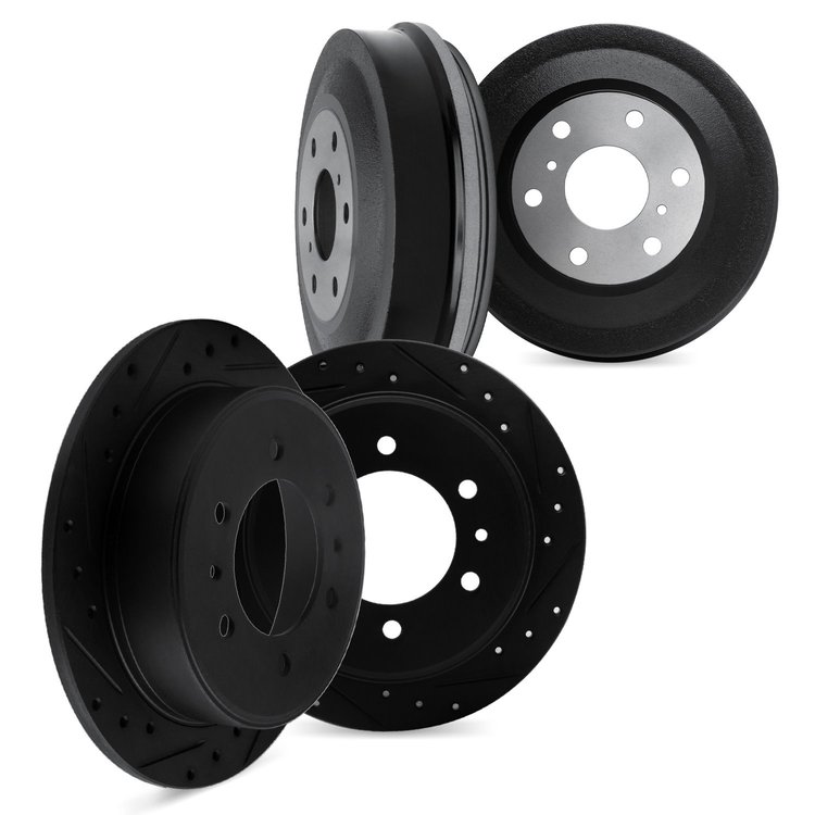 8004-92042 Drilled/Slotted Brake Rotors & Drums Kit [Black], 2002-2018 Infiniti/Nissan, Position: Front and Rear