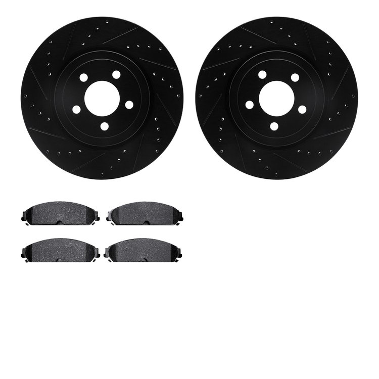 8202-39025 Drilled/Slotted Rotors w/Heavy-Duty Brake Pads Kit [Silver], Fits Select Mopar, Position: Front