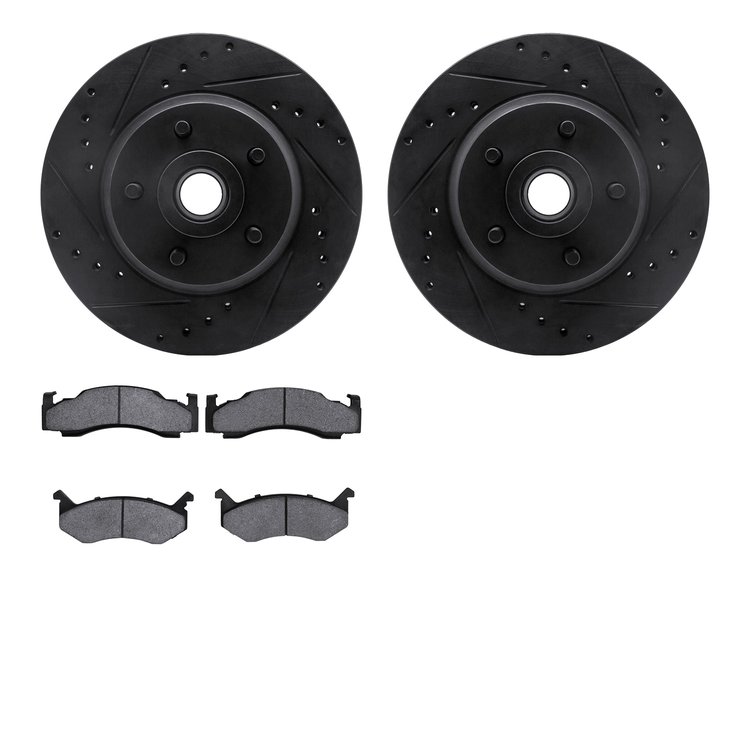 8202-39045 Drilled/Slotted Rotors w/Heavy-Duty Brake Pads Kit [Silver], 1973-1981 Mopar, Position: Front