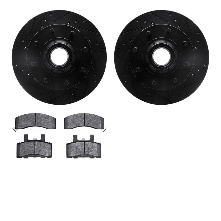 8202-40103 Drilled/Slotted Rotors w/Heavy-Duty Brake Pads Kit [Silver], 1994-1999 Mopar, Position: Front