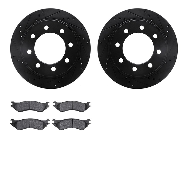 8202-40132 Drilled/Slotted Rotors w/Heavy-Duty Brake Pads Kit [Silver], 2003-2008 Mopar, Position: Rear