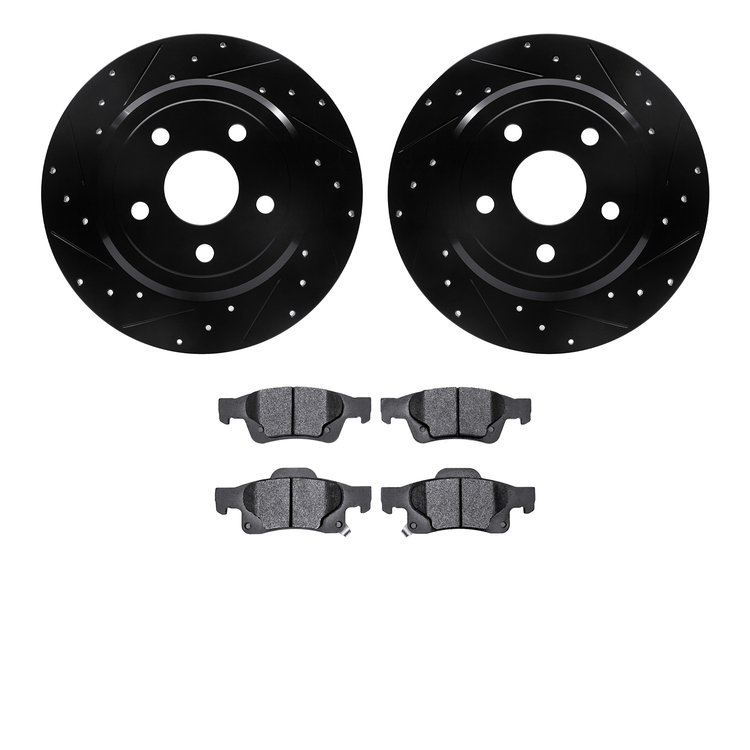 8202-42001 Drilled/Slotted Rotors w/Heavy-Duty Brake Pads Kit [Silver], Fits Select Mopar, Position: Rear