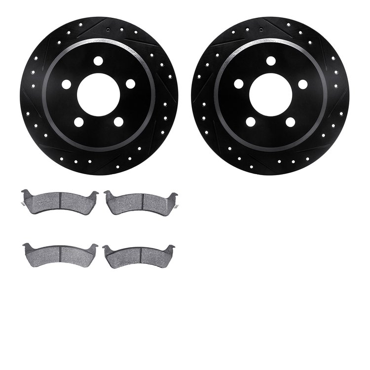 8202-42040 Drilled/Slotted Rotors w/Heavy-Duty Brake Pads Kit [Silver], 1993-1994 Mopar, Position: Rear
