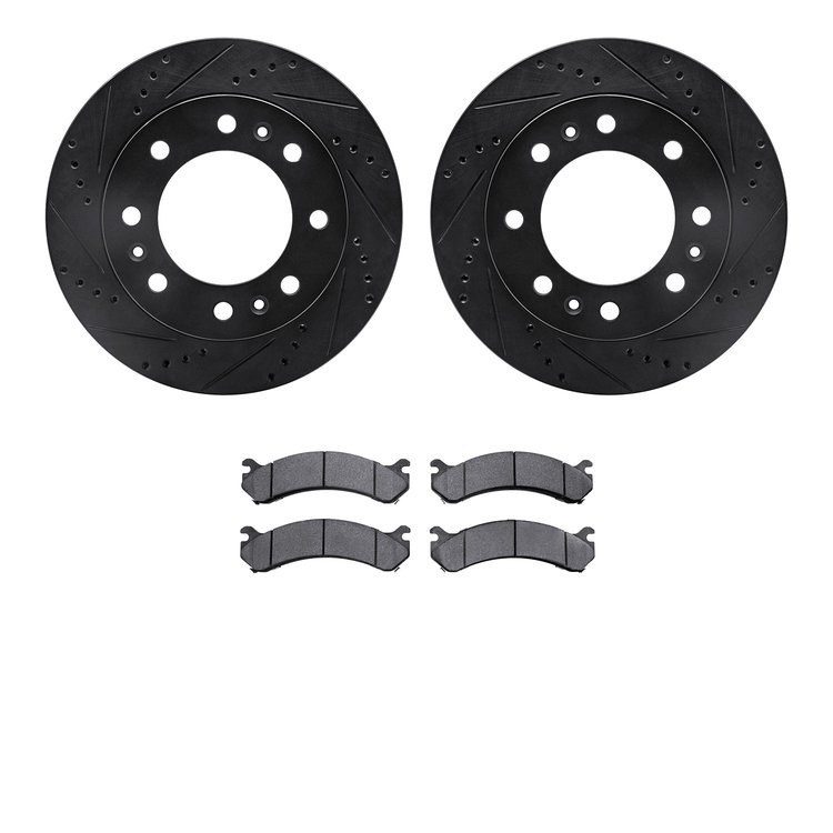 8202-46039 Drilled/Slotted Rotors w/Heavy-Duty Brake Pads Kit [Silver], 2006-2011 GM, Position: Front