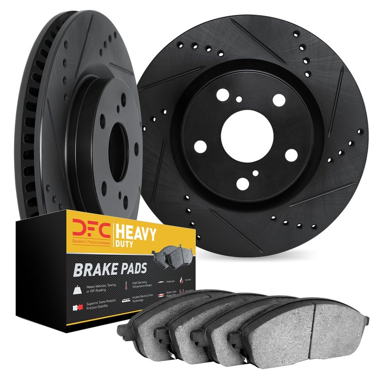 8202-48039 Drilled/Slotted Rotors w/Heavy-Duty Brake Pads Kit [Silver], 1993-1995 GM, Position: Front