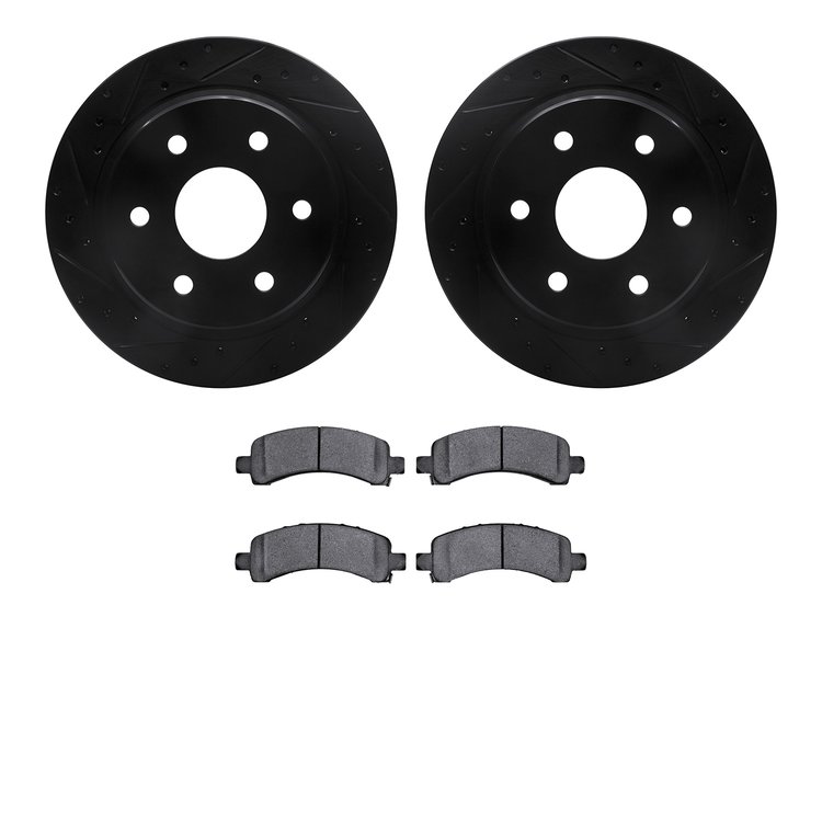 8202-48047 Drilled/Slotted Rotors w/Heavy-Duty Brake Pads Kit [Silver], 2002-2014 GM, Position: Rear