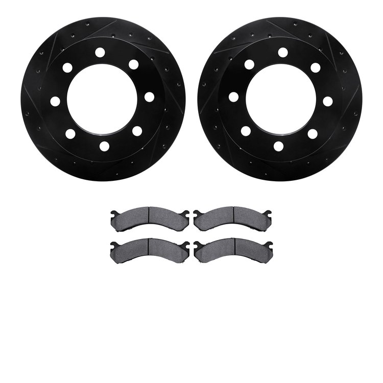 8202-48048 Drilled/Slotted Rotors w/Heavy-Duty Brake Pads Kit [Silver], 2001-2010 GM, Position: Rear