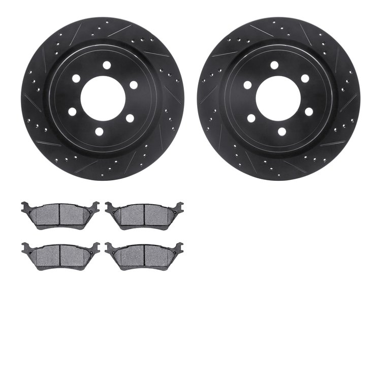 8202-54010 Drilled/Slotted Rotors w/Heavy-Duty Brake Pads Kit [Silver], 2012-2020 Ford/Lincoln/Mercury/Mazda, Position: Rear