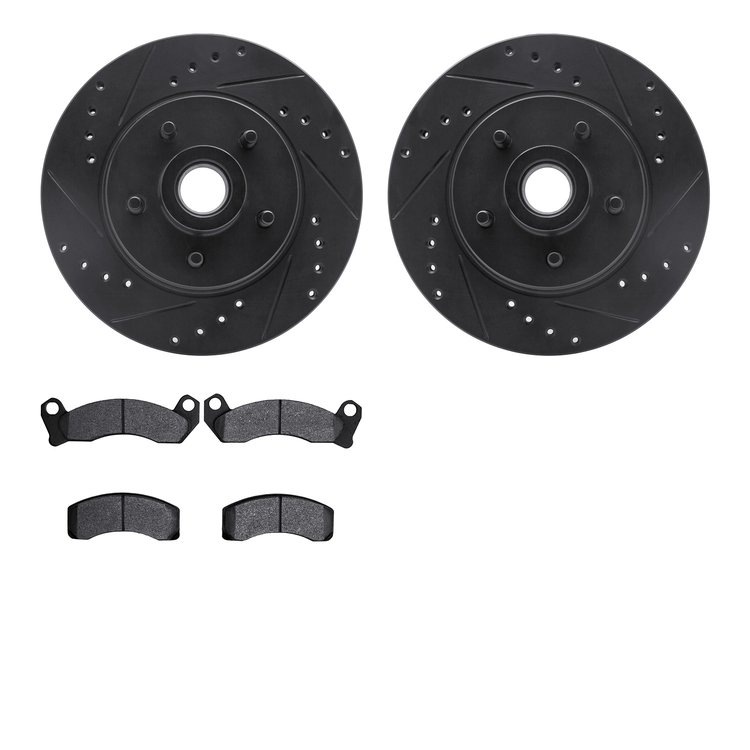 8202-55002 Drilled/Slotted Rotors w/Heavy-Duty Brake Pads Kit [Silver], 1984-1987 Ford/Lincoln/Mercury/Mazda, Position: Front