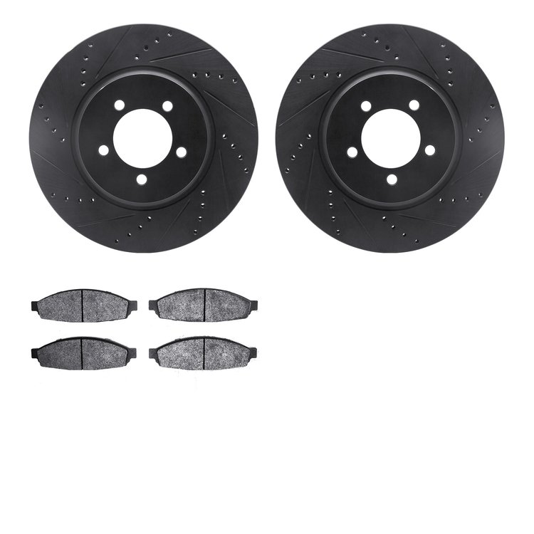 8202-55005 Drilled/Slotted Rotors w/Heavy-Duty Brake Pads Kit [Silver], 2003-2005 Ford/Lincoln/Mercury/Mazda, Position: Front
