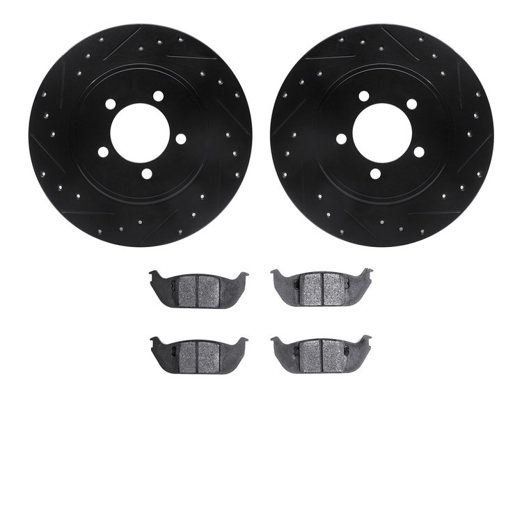 8202-55011 Drilled/Slotted Rotors w/Heavy-Duty Brake Pads Kit [Silver], 2003-2005 Ford/Lincoln/Mercury/Mazda, Position: Rear