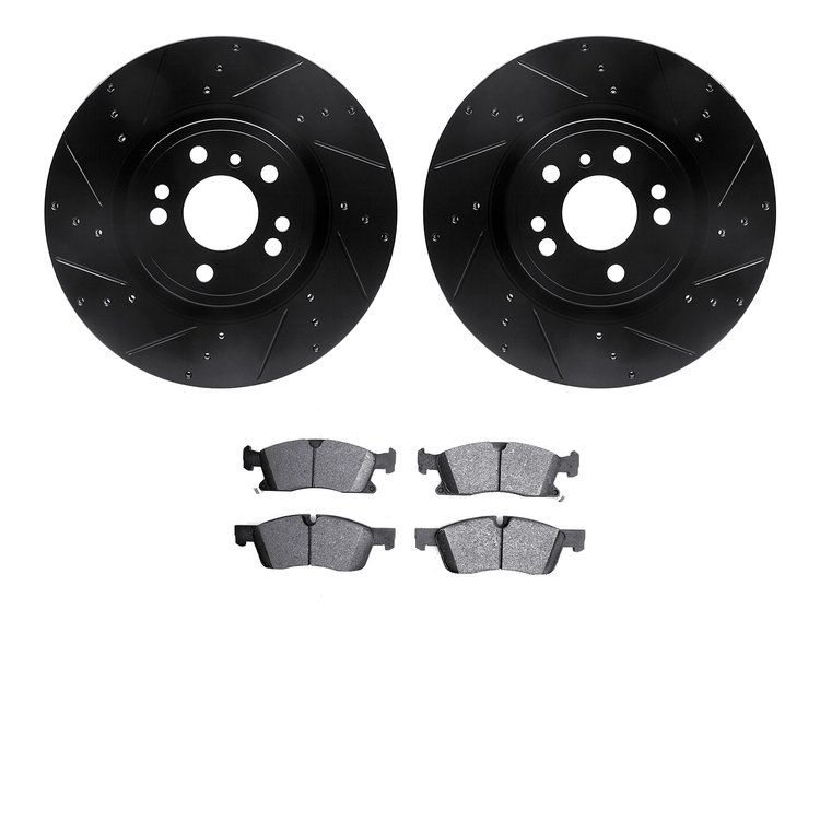 8202-63002 Drilled/Slotted Rotors w/Heavy-Duty Brake Pads Kit [Silver], 2012-2018 Mercedes-Benz, Position: Front