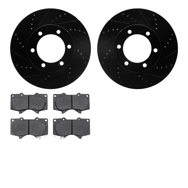 8202-76002 Drilled/Slotted Rotors w/Heavy-Duty Brake Pads Kit [Silver], 2000-2007 Lexus/Toyota/Scion, Position: Front