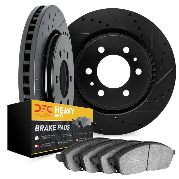 8202-92001 Drilled/Slotted Rotors w/Heavy-Duty Brake Pads Kit [Silver], 2008-2017 Mitsubishi, Position: Front