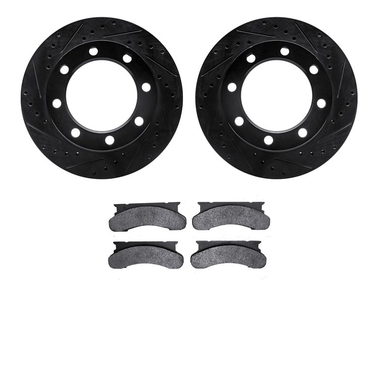 8202-99089 Drilled/Slotted Rotors w/Heavy-Duty Brake Pads Kit [Silver], 1980-1994 Ford/Lincoln/Mercury/Mazda, Position: Front