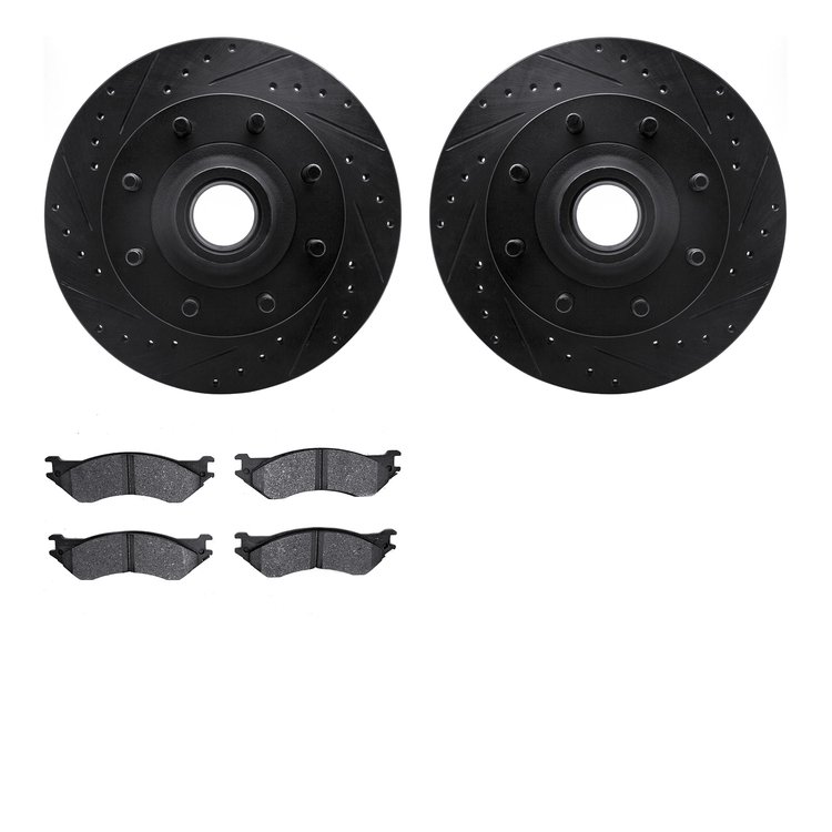 8202-99114 Drilled/Slotted Rotors w/Heavy-Duty Brake Pads Kit [Silver], 2000-2004 Ford/Lincoln/Mercury/Mazda, Position: Front