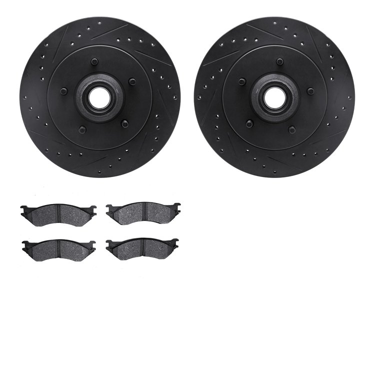 8202-99136 Drilled/Slotted Rotors w/Heavy-Duty Brake Pads Kit [Silver], 1997-2000 Ford/Lincoln/Mercury/Mazda, Position: Front