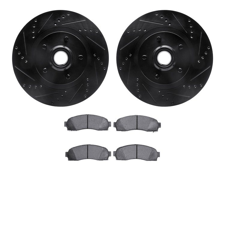 8202-99160 Drilled/Slotted Rotors w/Heavy-Duty Brake Pads Kit [Silver], 2001-2005 Ford/Lincoln/Mercury/Mazda, Position: Front