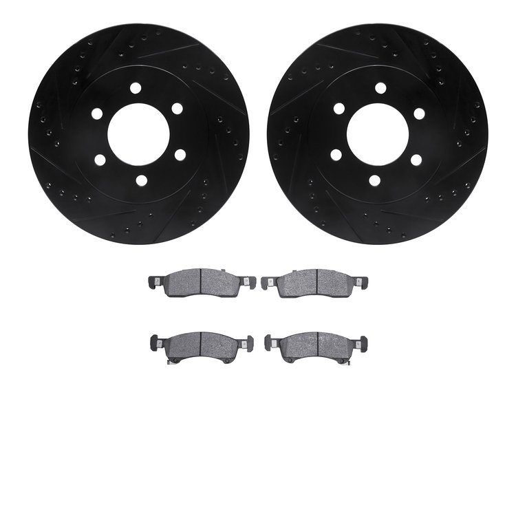 8202-99176 Drilled/Slotted Rotors w/Heavy-Duty Brake Pads Kit [Silver], 2002-2006 Ford/Lincoln/Mercury/Mazda, Position: Front