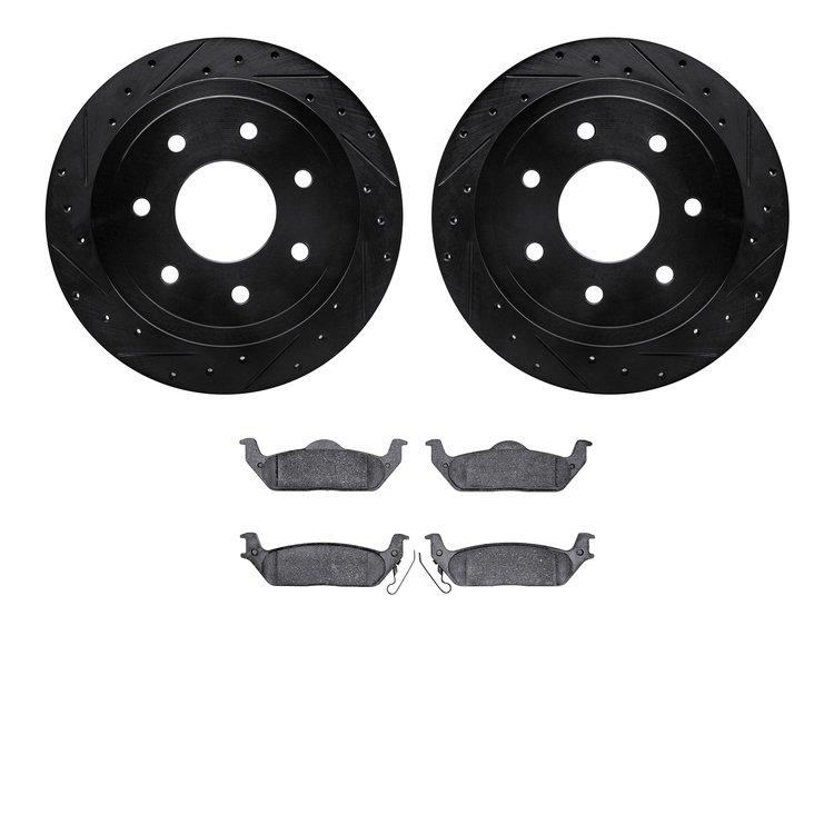 8202-99183 Drilled/Slotted Rotors w/Heavy-Duty Brake Pads Kit [Silver], 2004-2011 Ford/Lincoln/Mercury/Mazda, Position: Rear