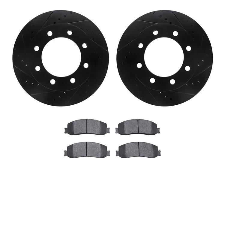 8202-99197 Drilled/Slotted Rotors w/Heavy-Duty Brake Pads Kit [Silver], 2010-2012 Ford/Lincoln/Mercury/Mazda, Position: Front