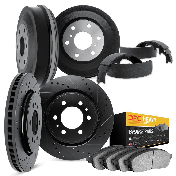8204-40134 Drilled/Slotted Rotors w/Heavy-Duty Brake Pads/Drums & Shoes Kit [Silver], 2000-2002 Mopar, Position: Front and Rear