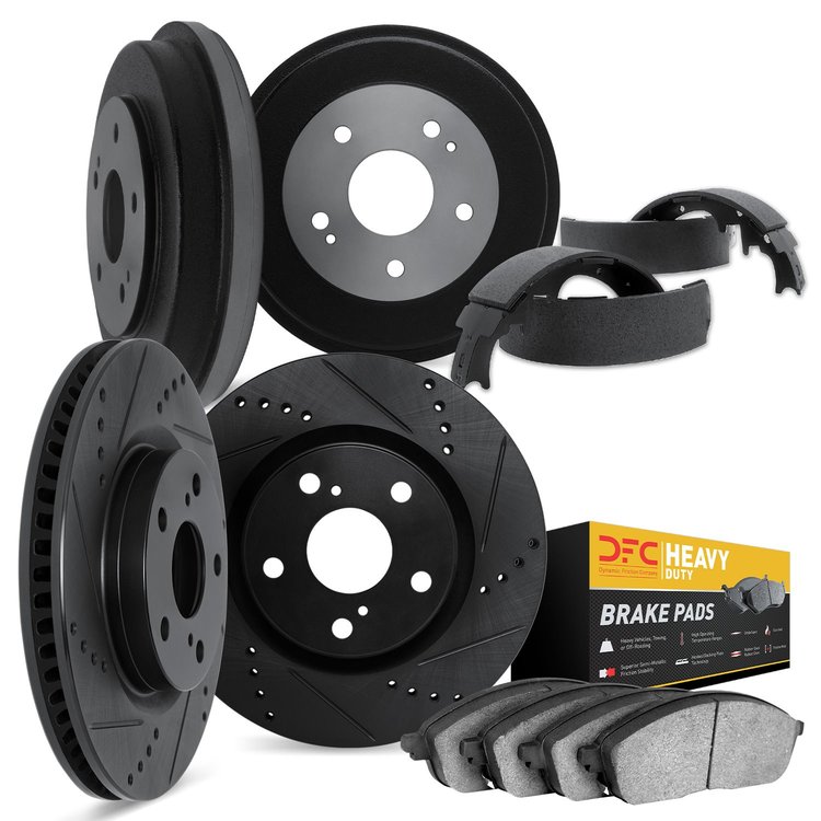 8204-42003 Drilled/Slotted Rotors w/Heavy-Duty Brake Pads/Drums & Shoes Kit [Silver], 1976-1978 Mopar, Position: Front and Rear