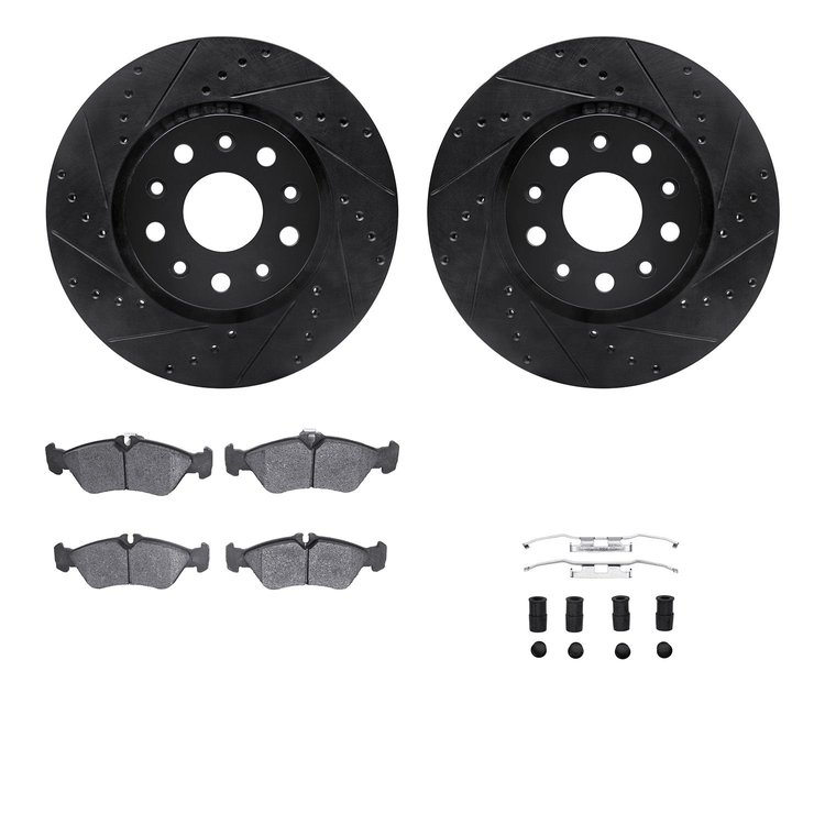 8212-40089 Drilled/Slotted Rotors w/Heavy-Duty Brake Pads Kit & Hardware [Black], 2002-2006 Multiple Makes/Models, Position: Rea