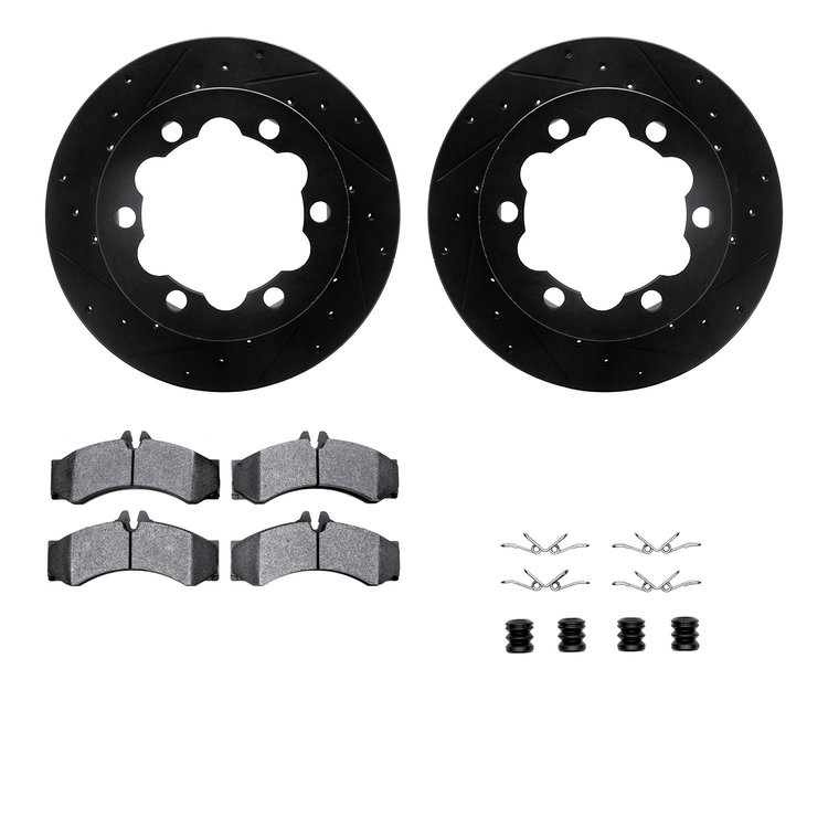 8212-40099 Drilled/Slotted Rotors w/Heavy-Duty Brake Pads Kit & Hardware [Black], 2006-2006 Mopar, Position: Rear