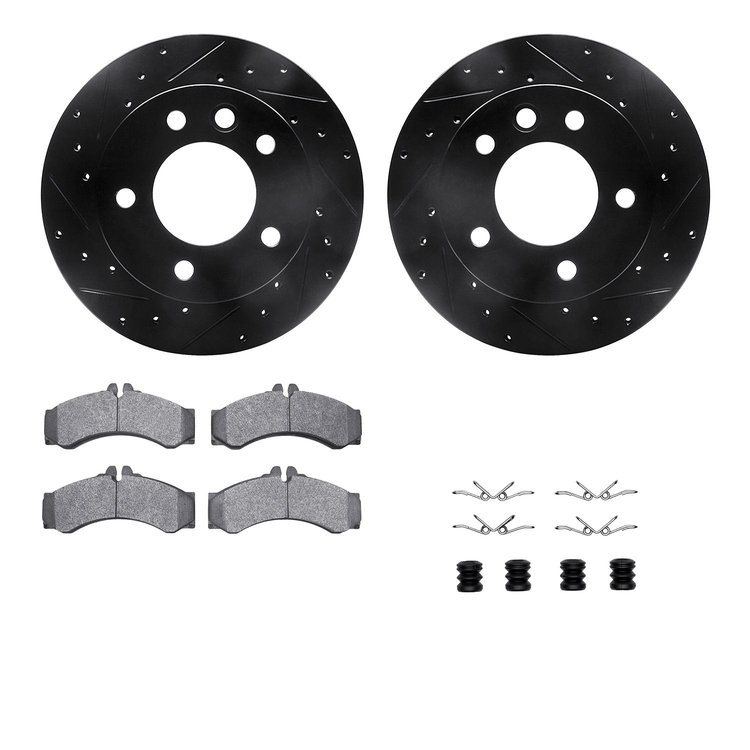 8212-40103 Drilled/Slotted Rotors w/Heavy-Duty Brake Pads Kit & Hardware [Black], 2003-2006 Mopar, Position: Front