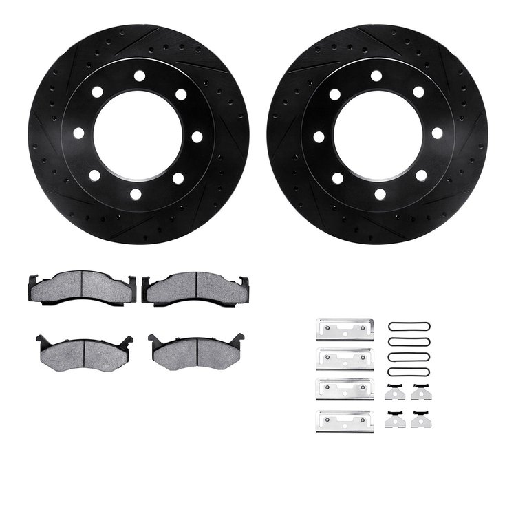8212-40119 Drilled/Slotted Rotors w/Heavy-Duty Brake Pads Kit & Hardware [Black], 1973-1993 Mopar, Position: Front
