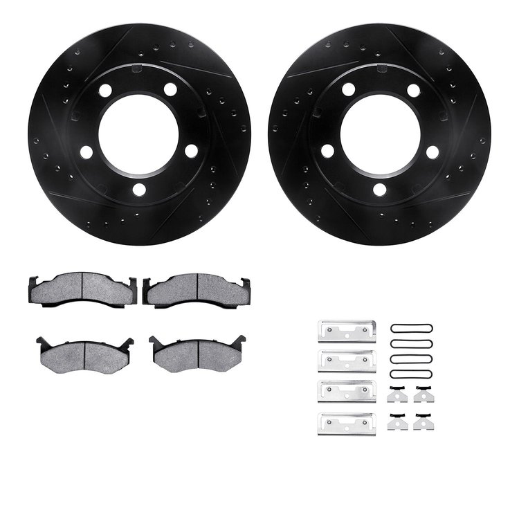 8212-40121 Drilled/Slotted Rotors w/Heavy-Duty Brake Pads Kit & Hardware [Black], 1980-1993 Mopar, Position: Front