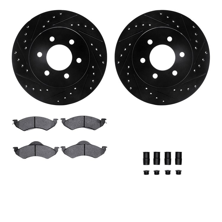 8212-40150 Drilled/Slotted Rotors w/Heavy-Duty Brake Pads Kit & Hardware [Black], 1998-1999 Mopar, Position: Front