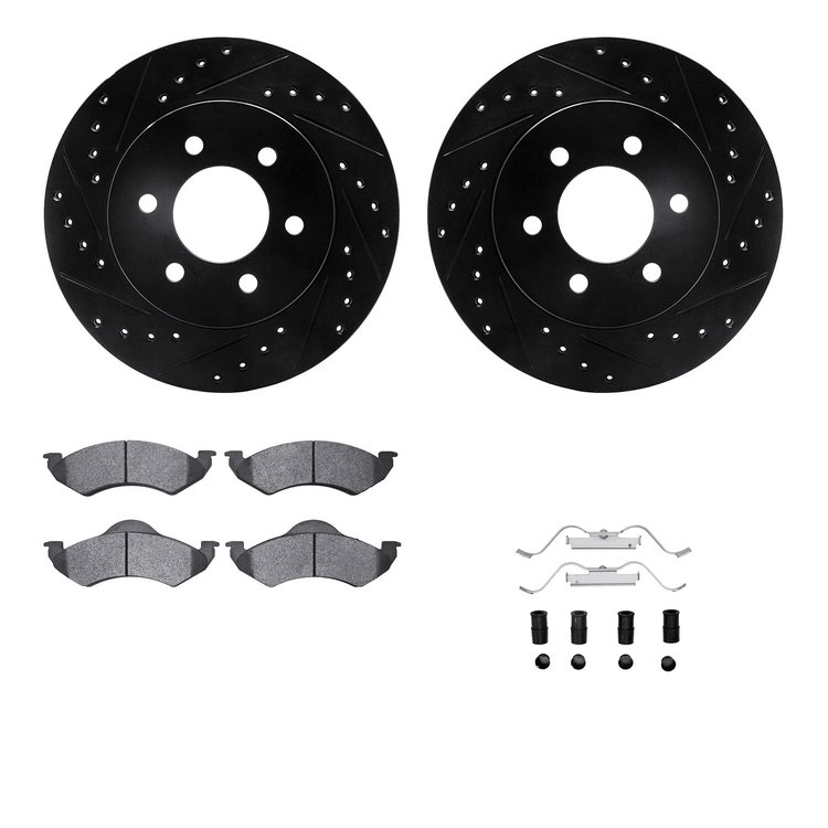8212-40151 Drilled/Slotted Rotors w/Heavy-Duty Brake Pads Kit & Hardware [Black], 2000-2002 Mopar, Position: Front