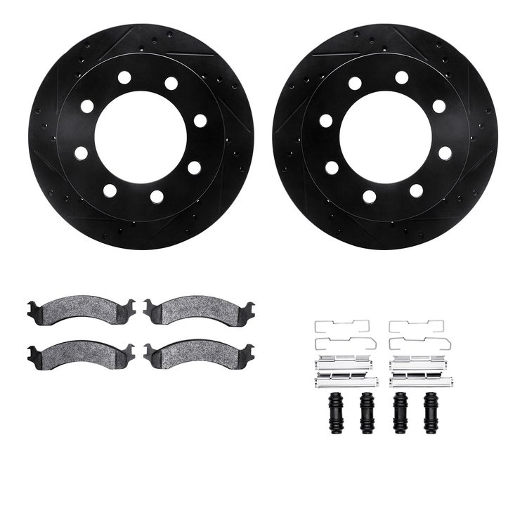 8212-40155 Drilled/Slotted Rotors w/Heavy-Duty Brake Pads Kit & Hardware [Black], 2000-2002 Mopar, Position: Front