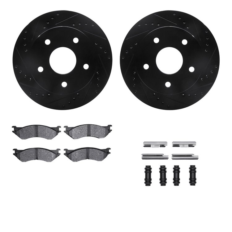 8212-40160 Drilled/Slotted Rotors w/Heavy-Duty Brake Pads Kit & Hardware [Black], 2000-2001 Mopar, Position: Front