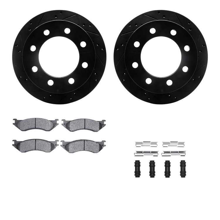 8212-40161 Drilled/Slotted Rotors w/Heavy-Duty Brake Pads Kit & Hardware [Black], 2000-2002 Mopar, Position: Rear