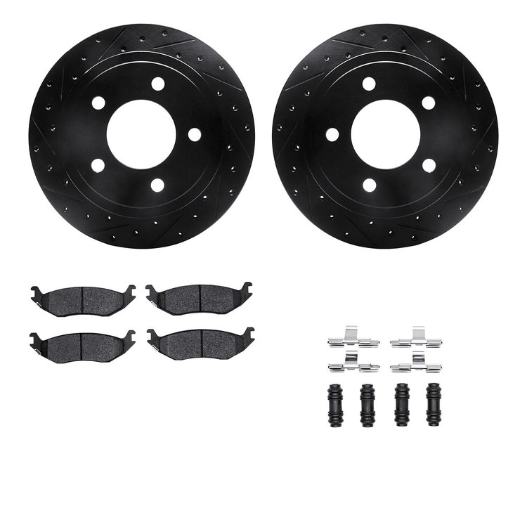 8212-40166 Drilled/Slotted Rotors w/Heavy-Duty Brake Pads Kit & Hardware [Black], 2003-2003 Mopar, Position: Rear